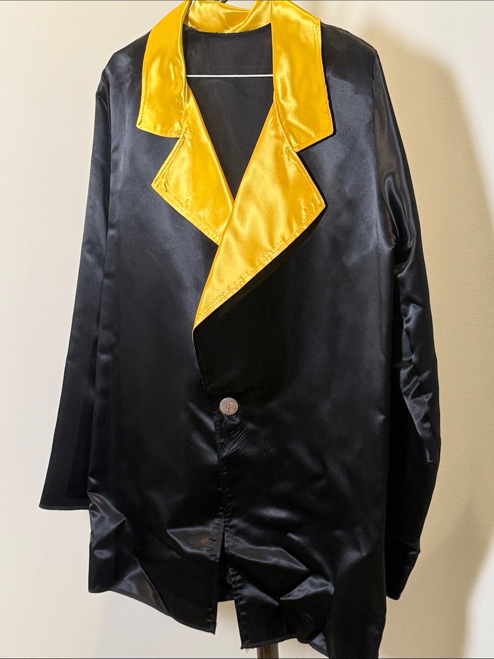 Men's Black Satin Shirt Jacket with Yellow Contrast Collar